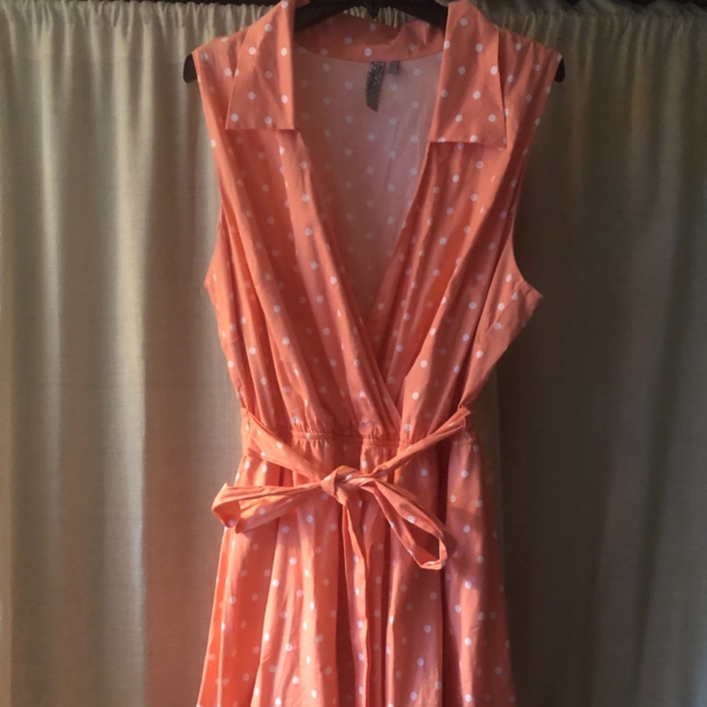 Coral polka dotted faux wrap retro swing sun dress